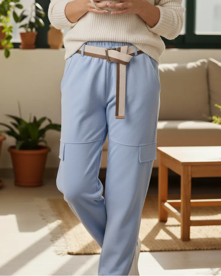 Jogging femme coupe droite avec ceinture tissée, poches avant et arrière, made in Italy