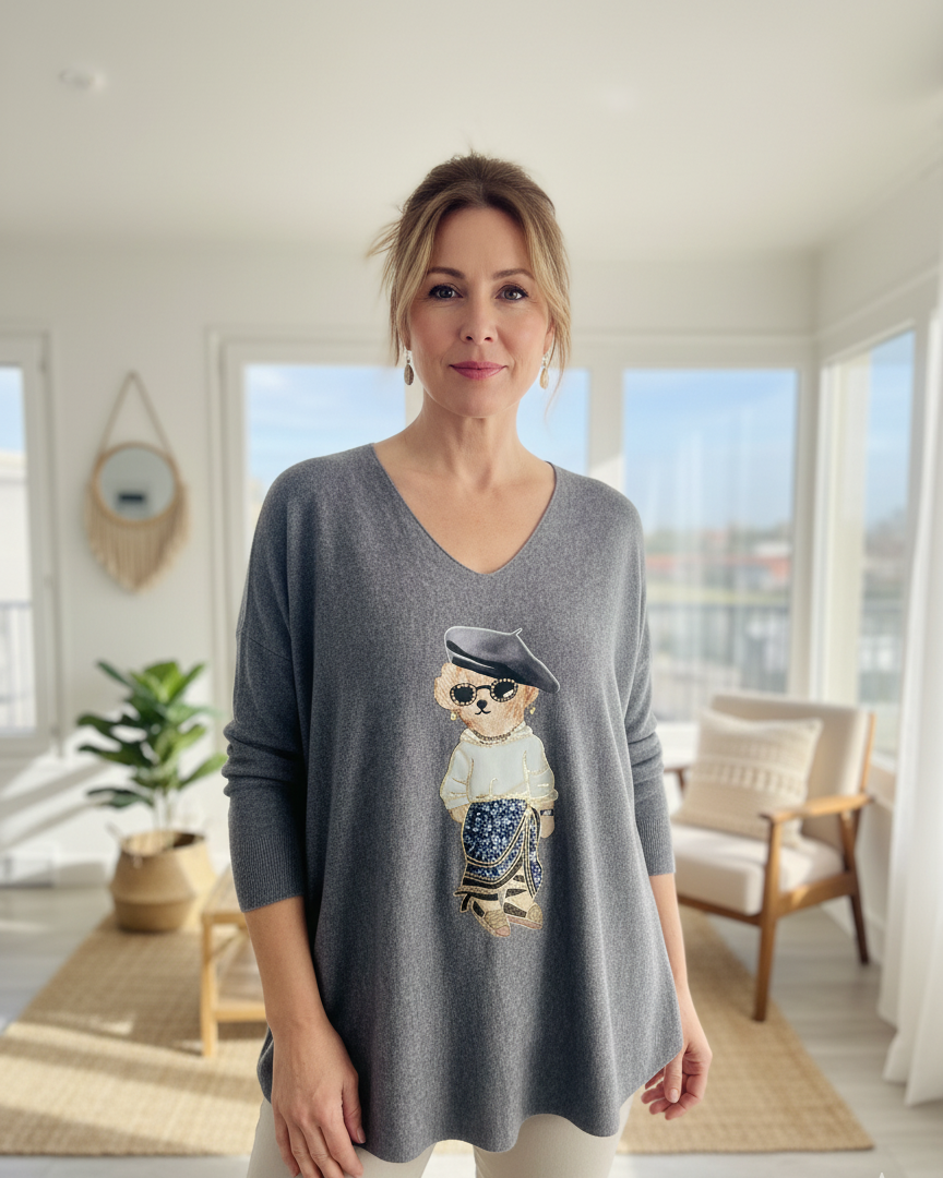 Pull oversize femme kaki avec motif ourson doré, col V, coupe ample, made in Italy