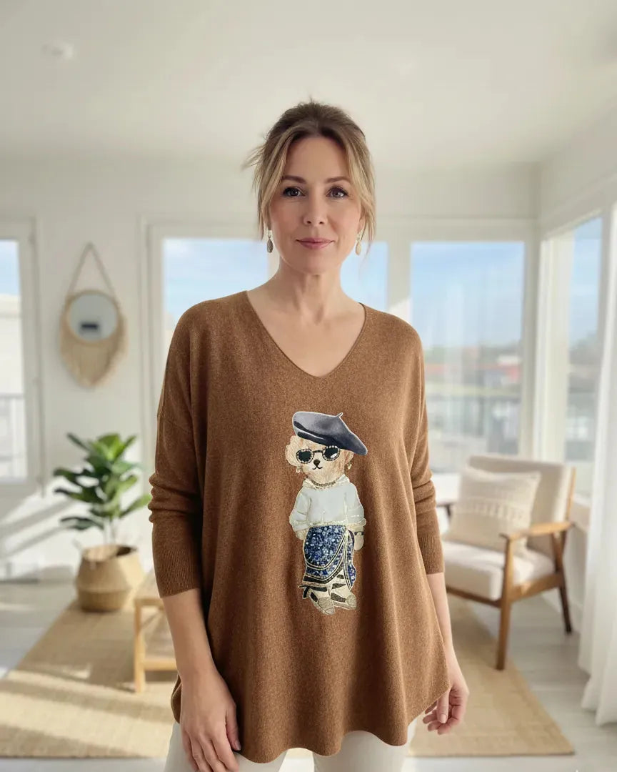 Pull oversize femme kaki avec motif ourson doré, col V, coupe ample, made in Italy