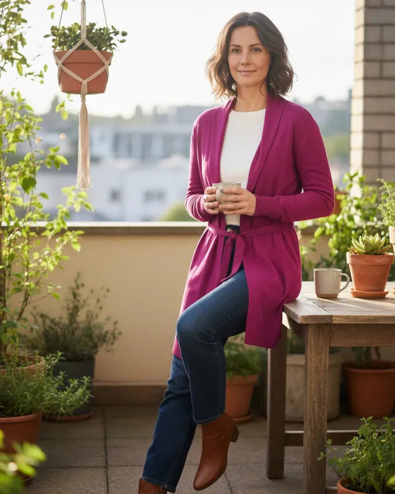 Gilet long femme avec ceinture à nouer, matière extensible, coupe fluide élégante