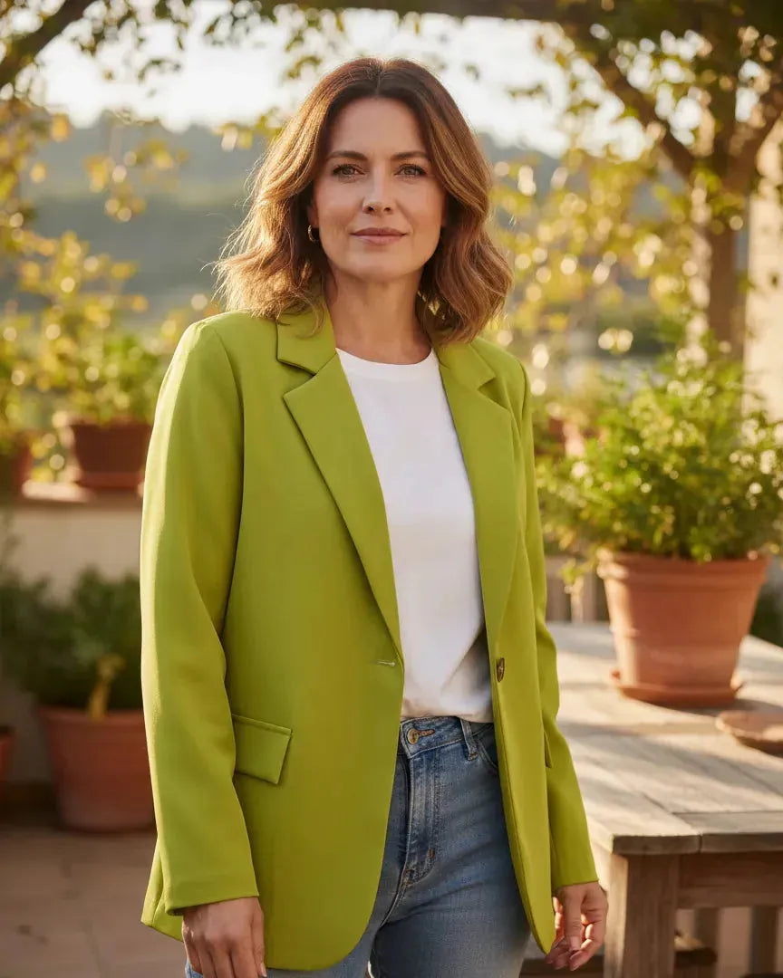 Blazer vert pistache femme, style chic et moderne sur fond neutre.