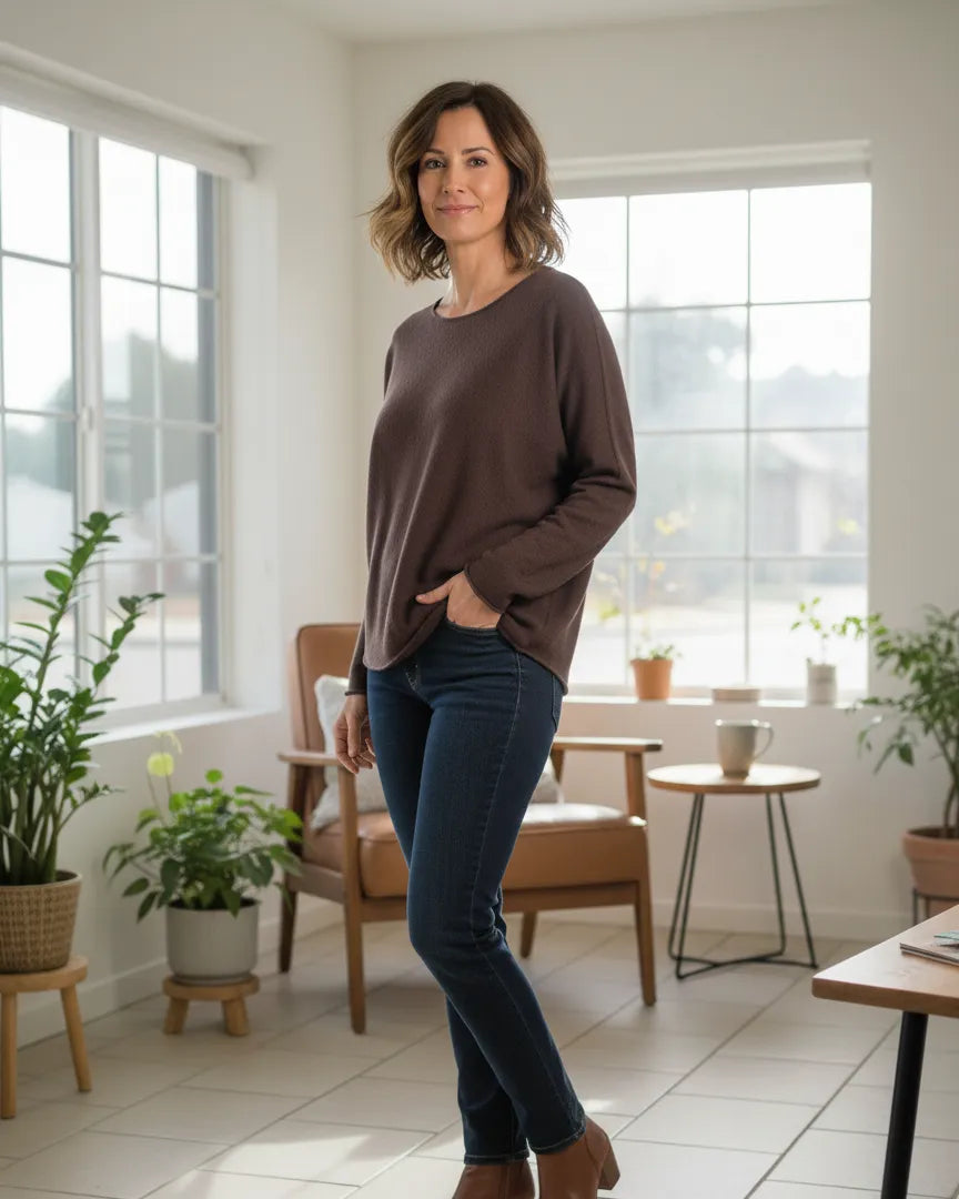 Pull basic femme couleur chocolat suspendu sur cintre