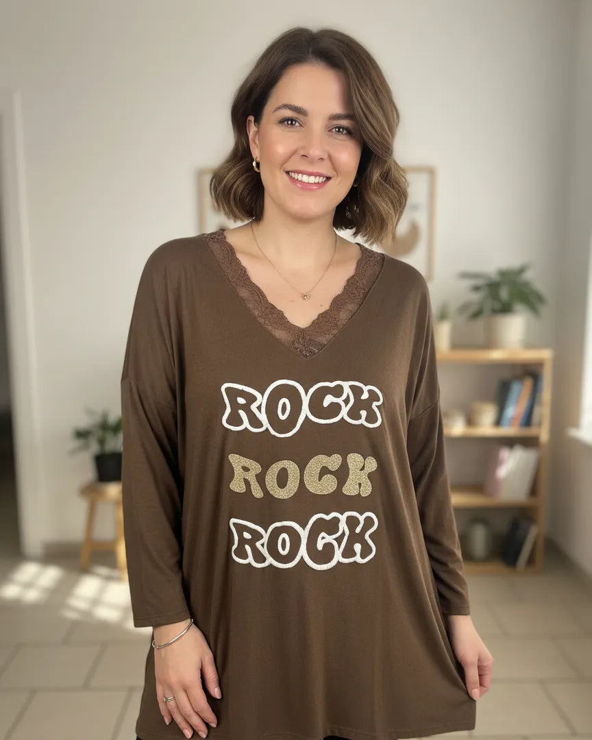 Tunique marron à inscription “ROCK” et col V dentelle