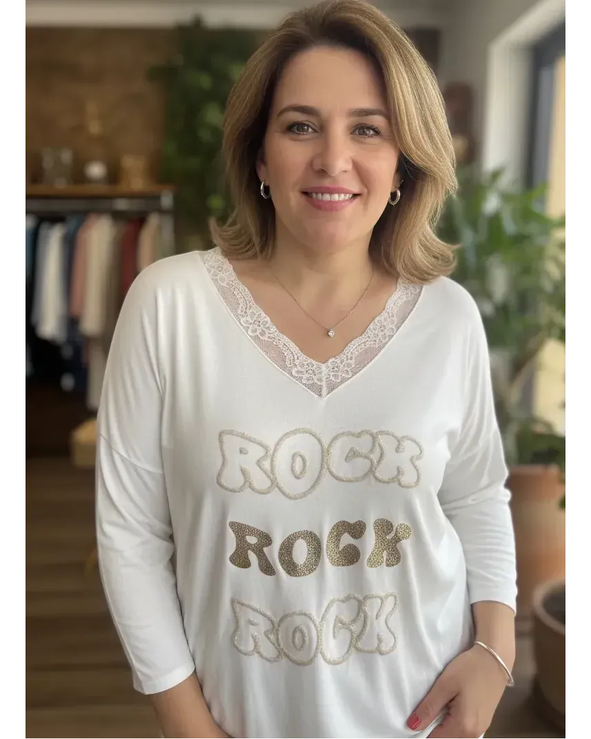 Tunique blanc à inscription “ROCK” et col V dentelle