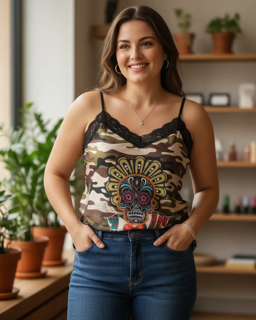 Caraco camouflage à tête de mort colorée et dentelle noire