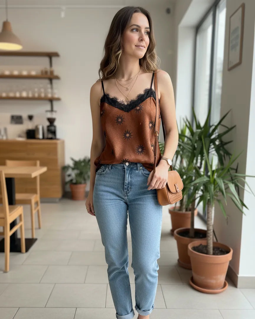 Caraco femme à motif soleil cuivre et col V en dentelle.