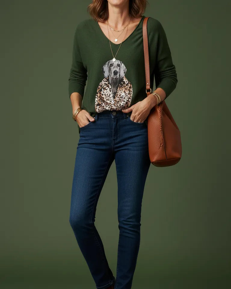 Femme souriante portant le pull vert motif chien léopard — taille unique 36-44