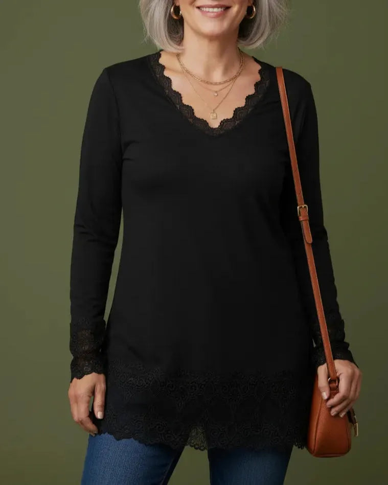 Sous-pull dentelle femme noir col V manches longues élégant