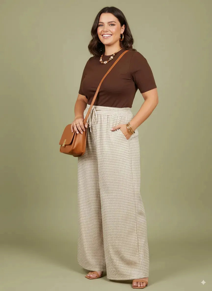 Pantalon vichy femme Week-End Chic coton doux, taille unique 38-48, Made in Italy