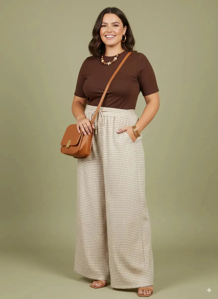 Pantalon vichy femme Week-End Chic coton doux, taille unique 38-48, Made in Italy