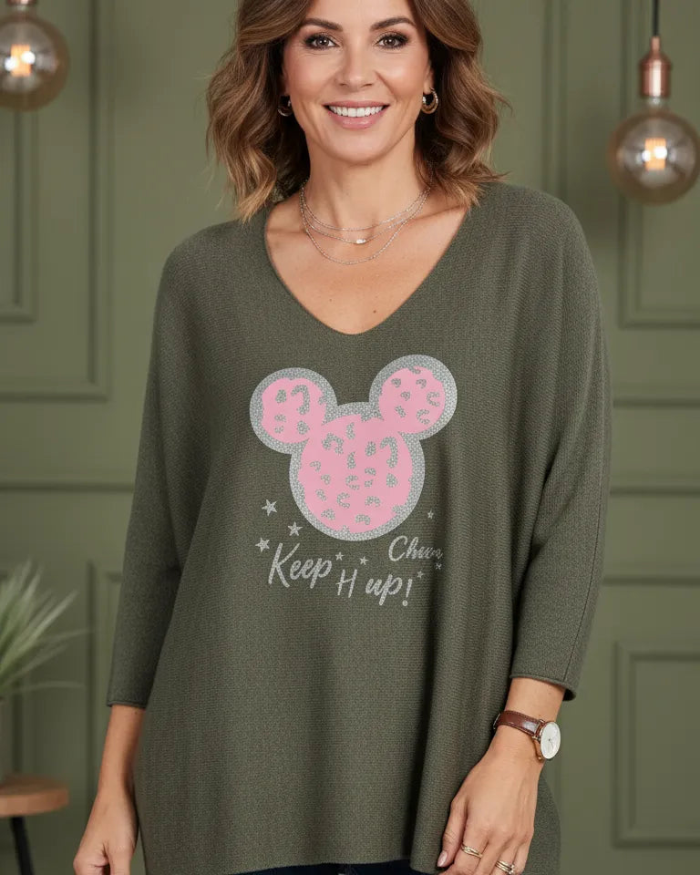 Pull kaki avec motif Mickey rose pailleté