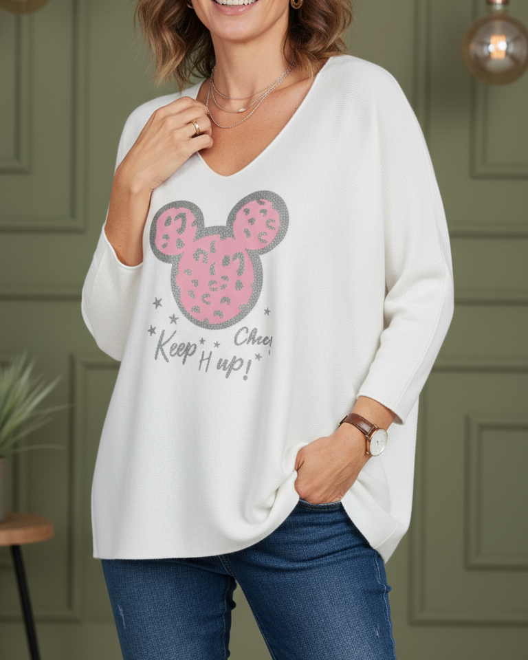 Pull femme oversize kaki Mickey paillettes argentées