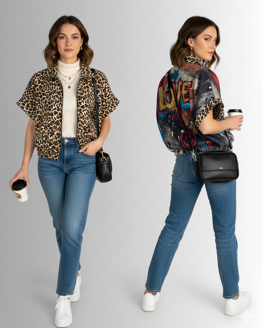 Veste tendance urbaine mélange léopard et graffiti – viscose et polyester made in Italy