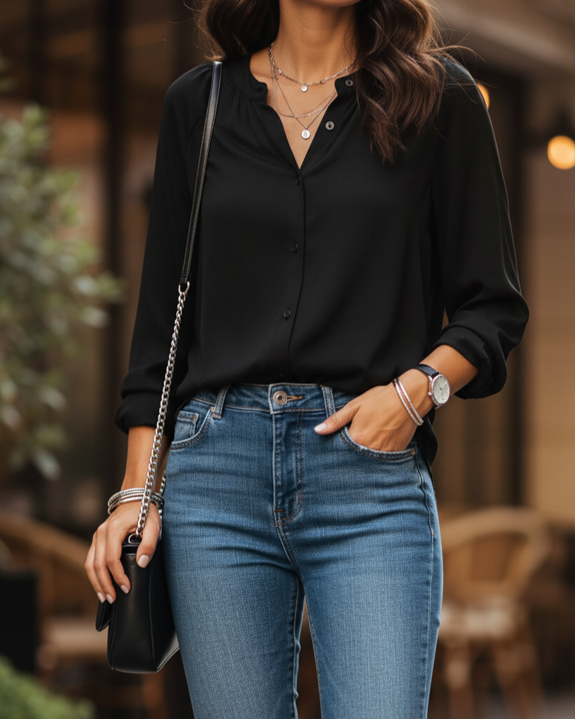 Chemise noire femme fluide en viscose et soie, manches longues, fabriquée en Italie