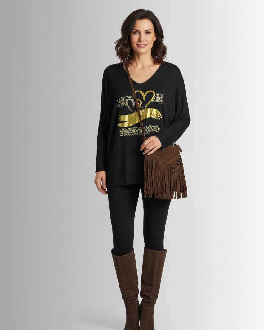  Pull noir femme chaud et fluide, col V, détails dorés et léopard – made in Italy