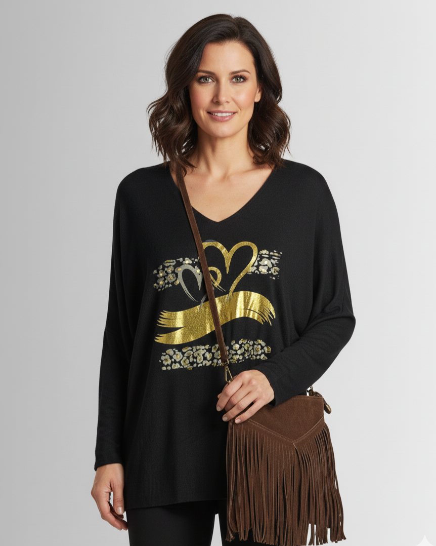  Pull camel femme chaud et fluide, col V, détails dorés et léopard – made in Italy
