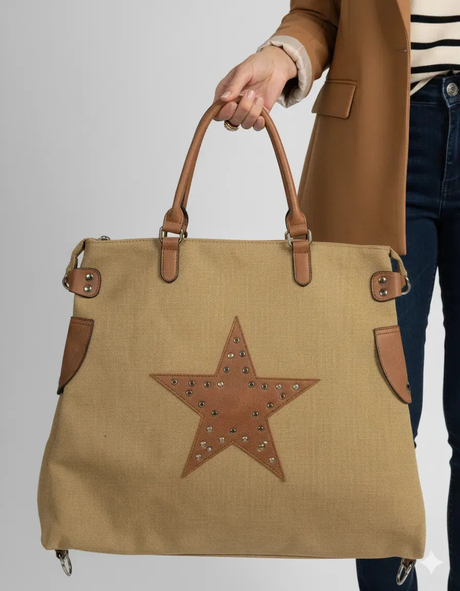 Grand sac camel femme Turbobags avec étoile cloutée, format oversize 53x45 cm