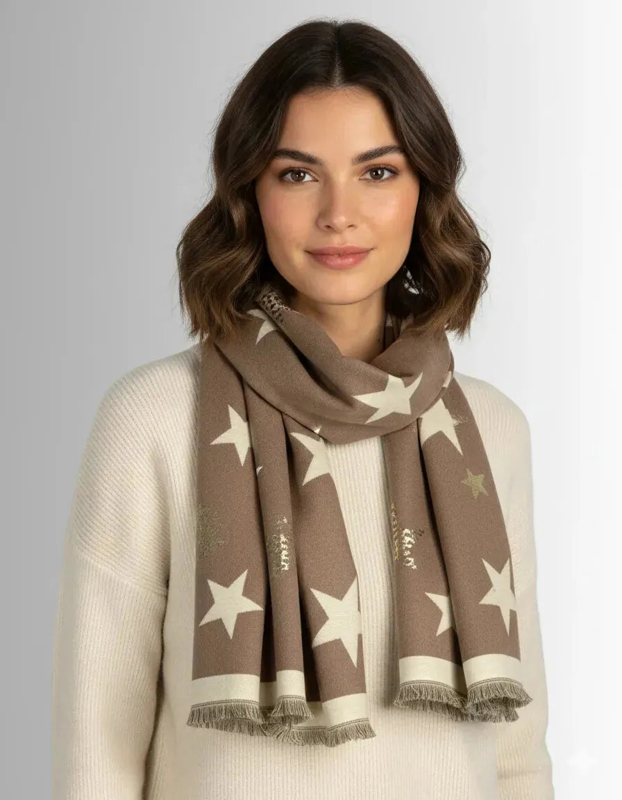 Écharpe femme camel avec motif étoiles dorées 70x190 cm – accessoire hiver tendance