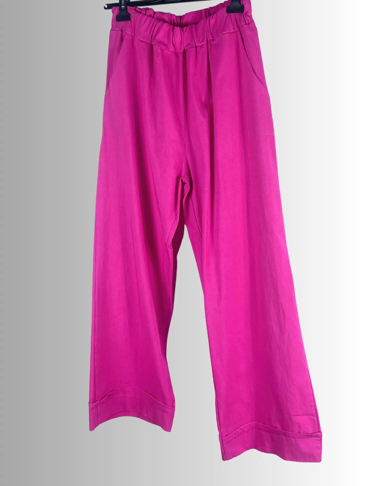 Pantalon Roma femme fuchsia à jambe large, taille élastique, viscose fluide made in Italy