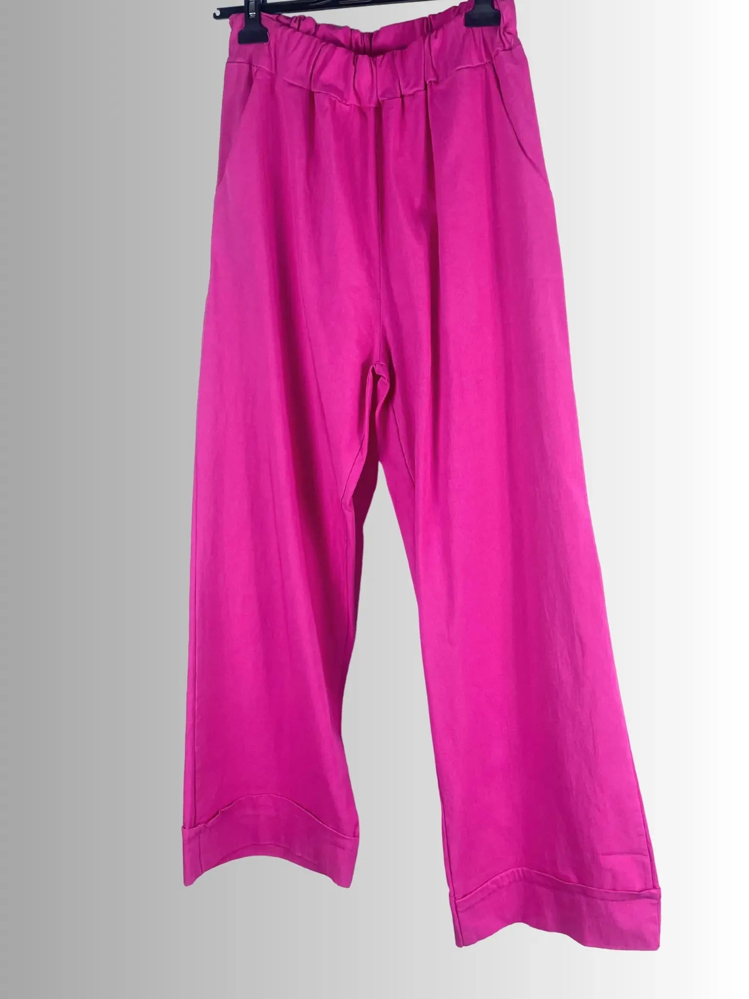 Pantalon Roma femme fuchsia à jambe large, taille élastique, viscose fluide made in Italy