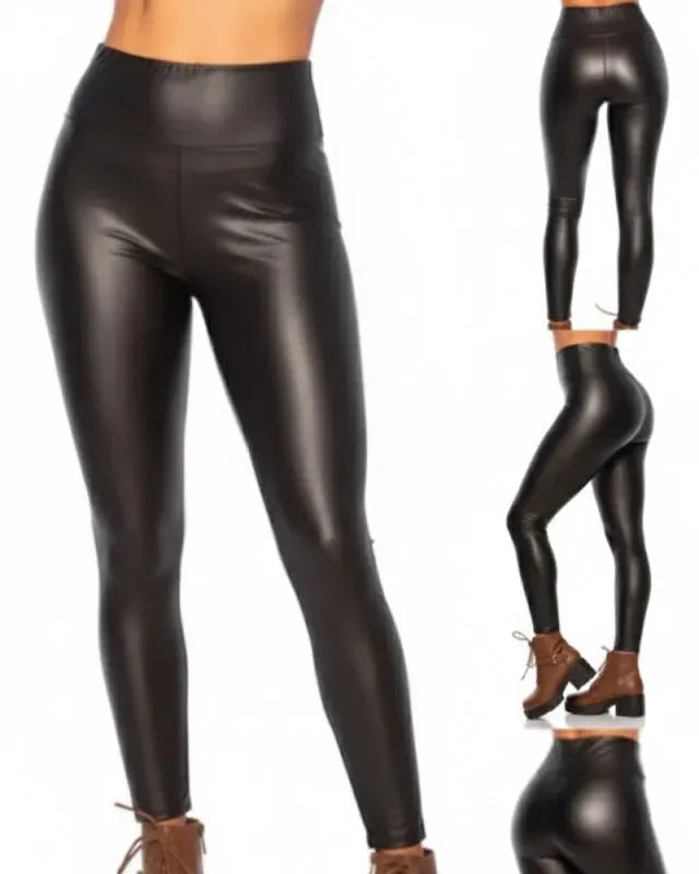 Legging simili noir pour femme, taille haute effet gainant, coupe ajustée et confortable.