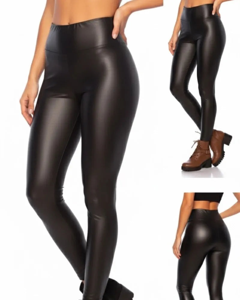 Legging simili noir pour femme, taille haute effet gainant, coupe ajustée et confortable.