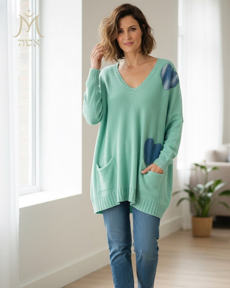 Pull vert oversize avec cœurs en denim – Mam’sailes