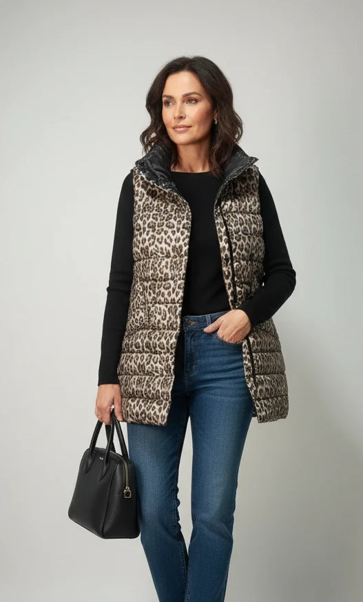 Doudoune réversible femme côté léopard – gilet long hiver