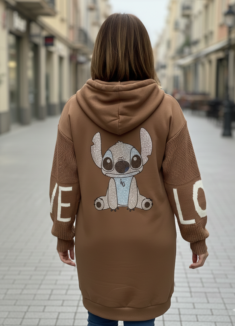 Veste Sweat LOVE & Stitch – Manches Tricot LOVE – Print Stitch Dos – Jusqu'au 48 – Made in Italy