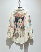 Veste Frida Kahlo artistique blanc cassé pilou polyester laine chaude