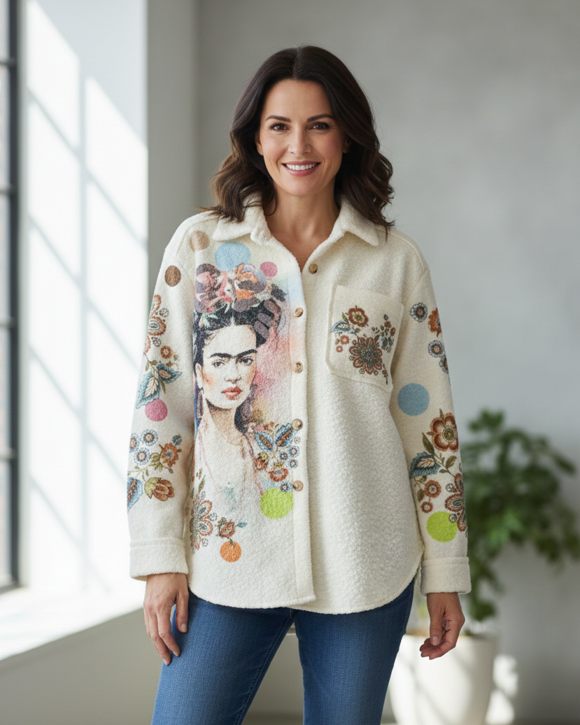 Veste Frida Kahlo artistique blanc cassé pilou doux made in Italy 36-48