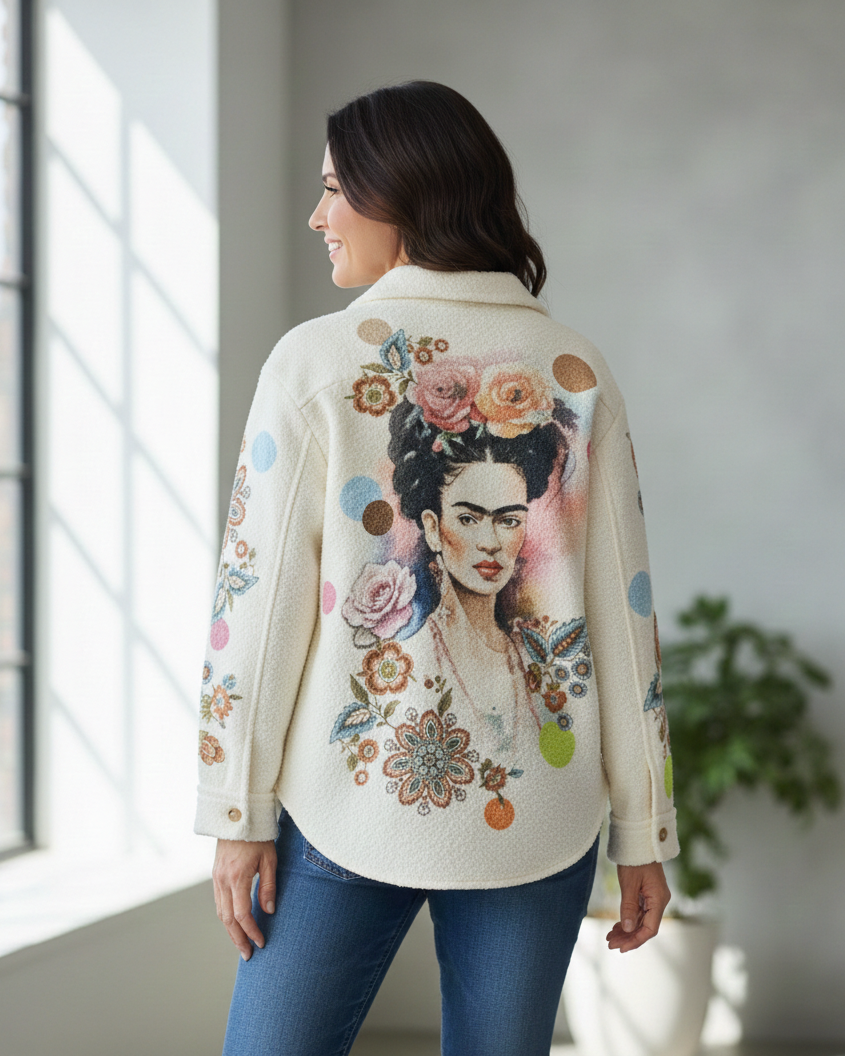 Détail dos veste Frida Kahlo portrait artistique blanc cassé pilou