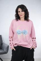Sweat rose  crâne fleurs bleues manches découpées made in Italy 36-46