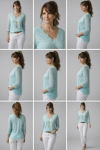 Top vert d'eau manches dentelle, vue sur plusieurs angles 