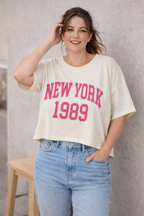 Sweat léger femme beige clair inscription rose NEW YORK 1989 style casual