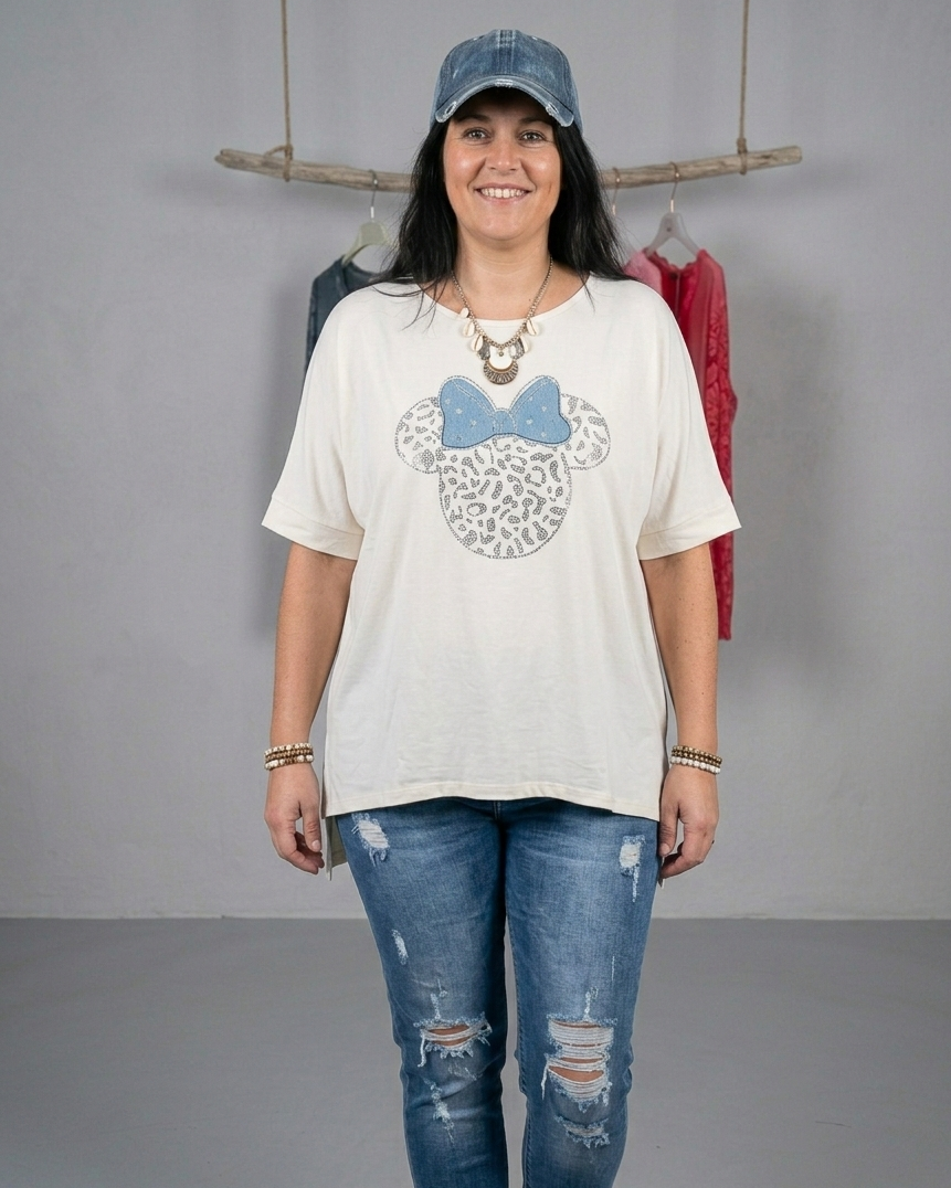 T-shirt Minnie strass nœud jean blanc grande taille 48-52 femme casual chic Made in Italy