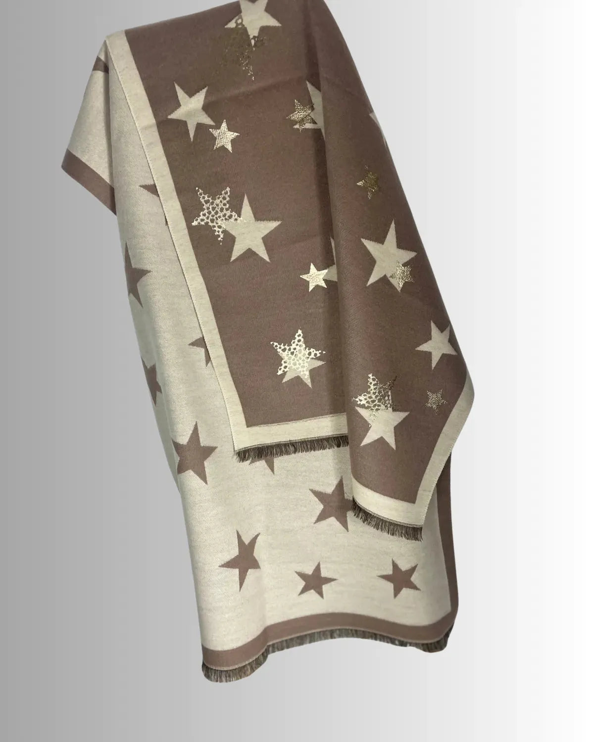 Écharpe femme camel avec motif étoiles dorées 70x190 cm – accessoire hiver tendance