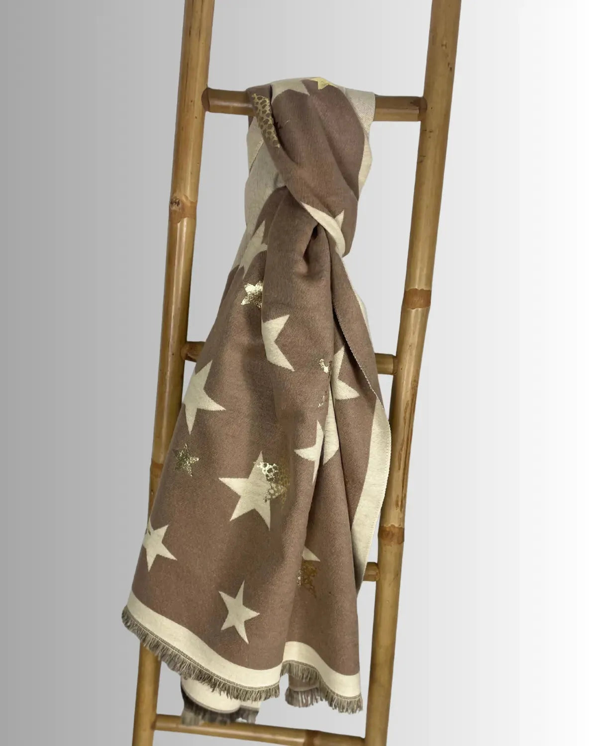 Écharpe femme camel avec motif étoiles dorées 70x190 cm – accessoire hiver tendance