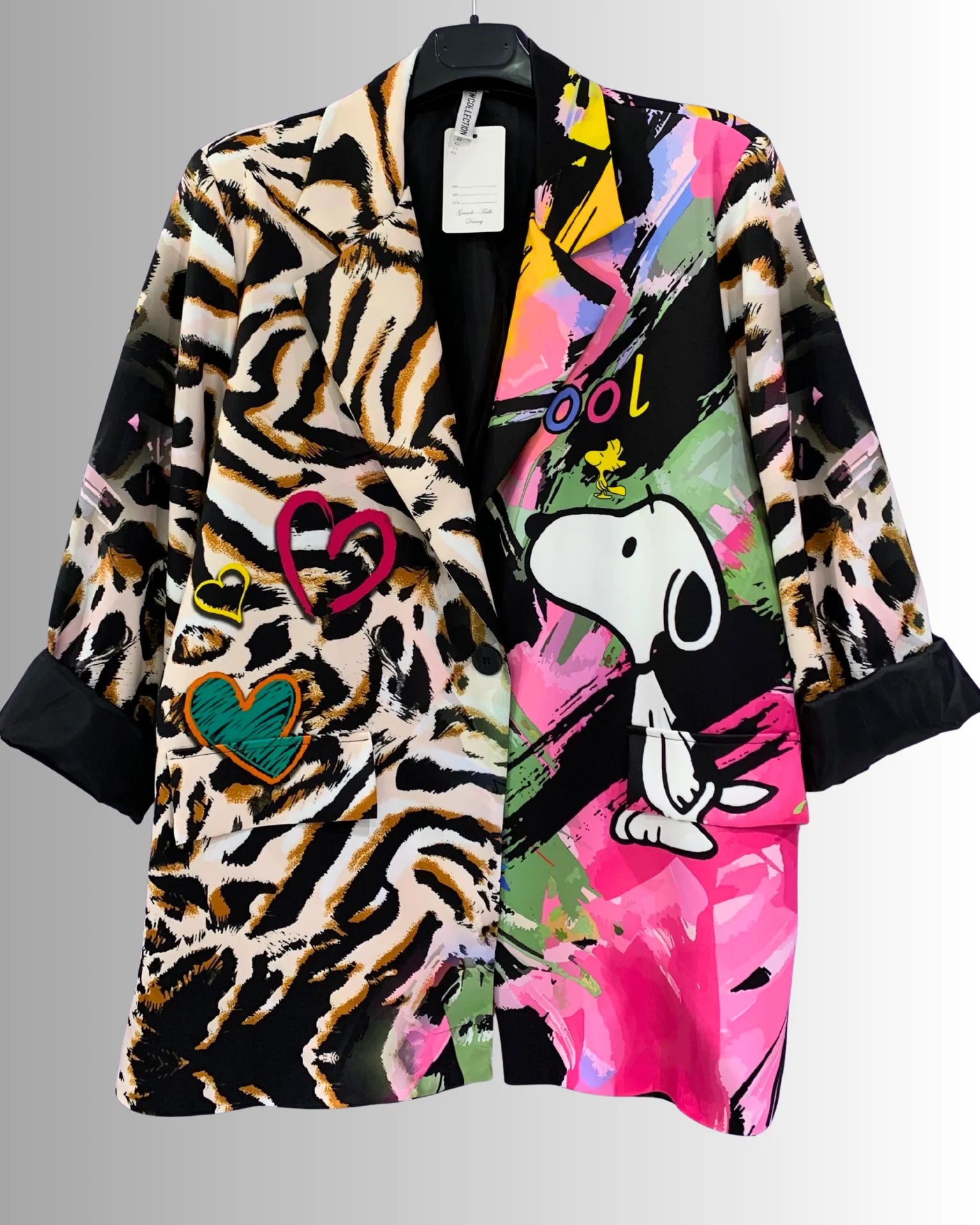 Blazer femme pop art Snoopy et motifs zébrés colorés – made in Italy