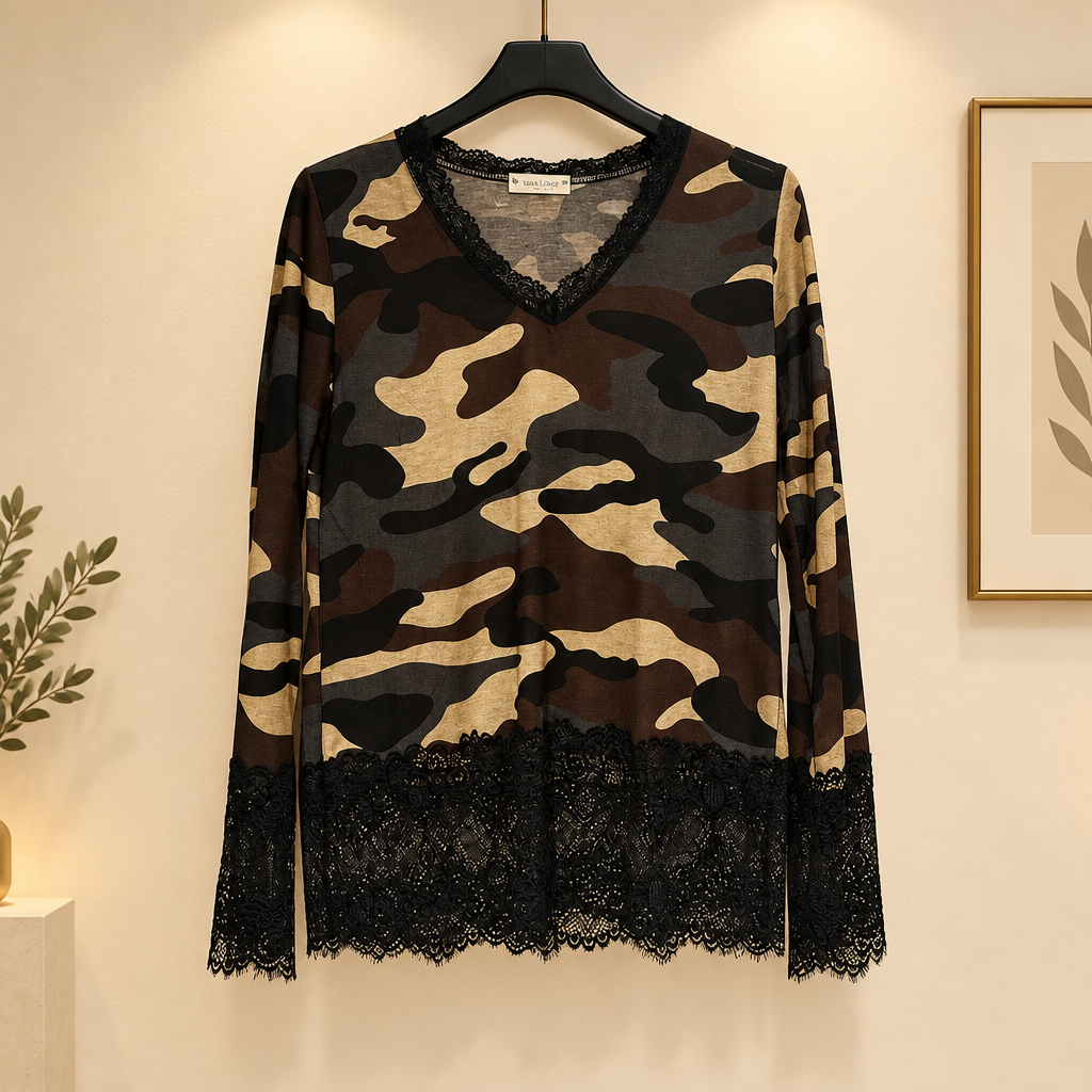 Top Camélia – Camouflage & dentelle
