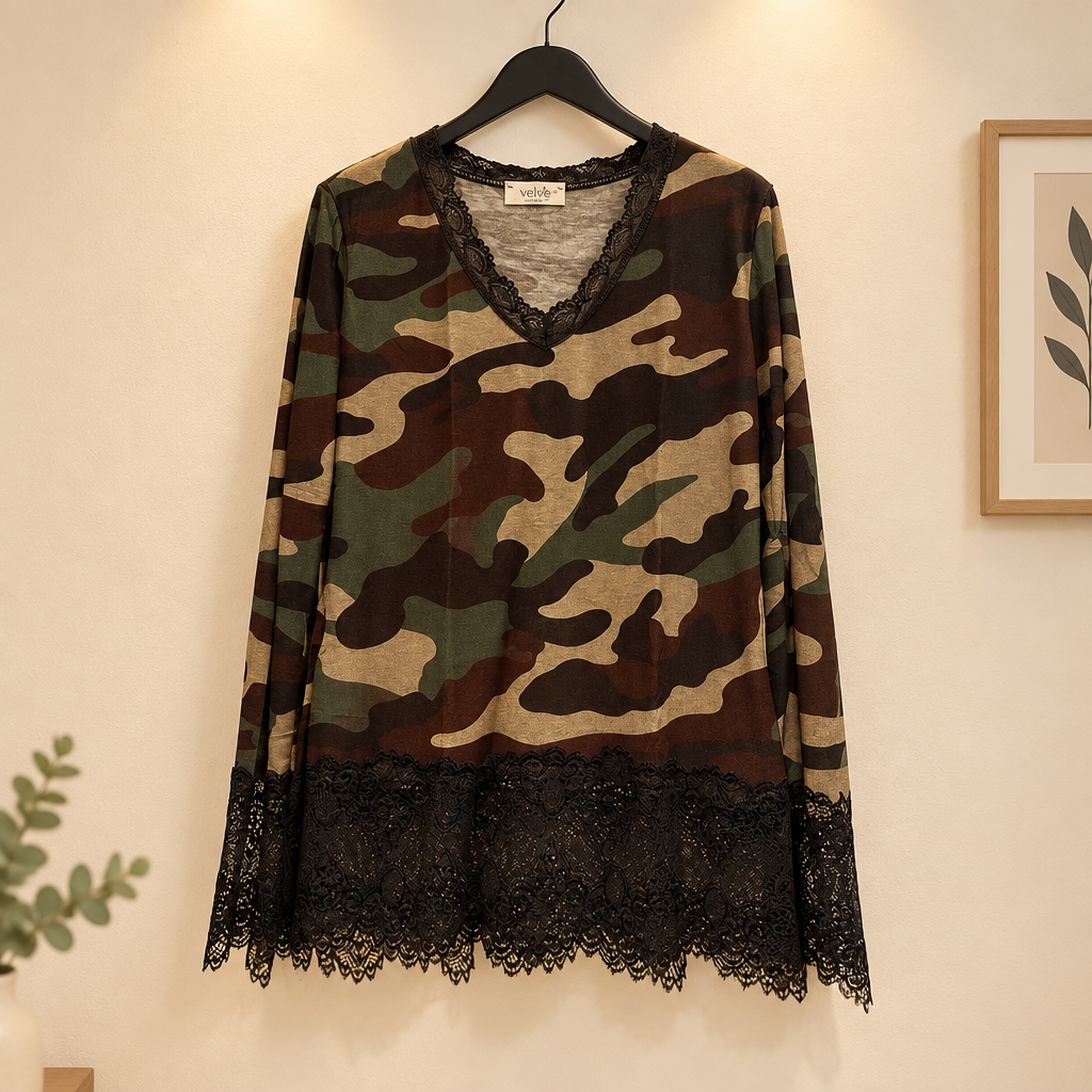 Top Camélia – Camouflage & dentelle