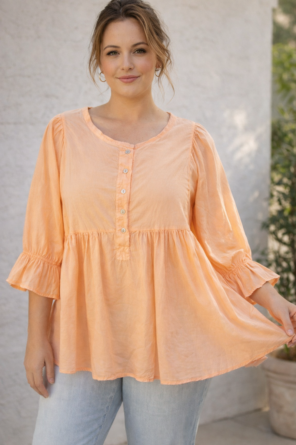 Blouse empire bohème pêche manches évasées volant femme 36-42 coton léger Made in Italy