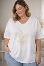T-shirt blanc lapin cœur strass femme grande taille 52-54 col V manches courtes Made in Italy