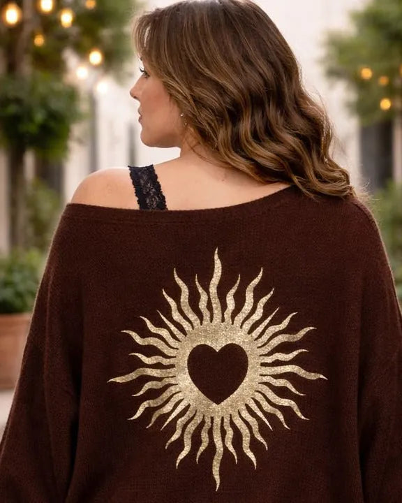 Pull oversize fluide 36-56 cœur solaire doré – effet cocon stylé
