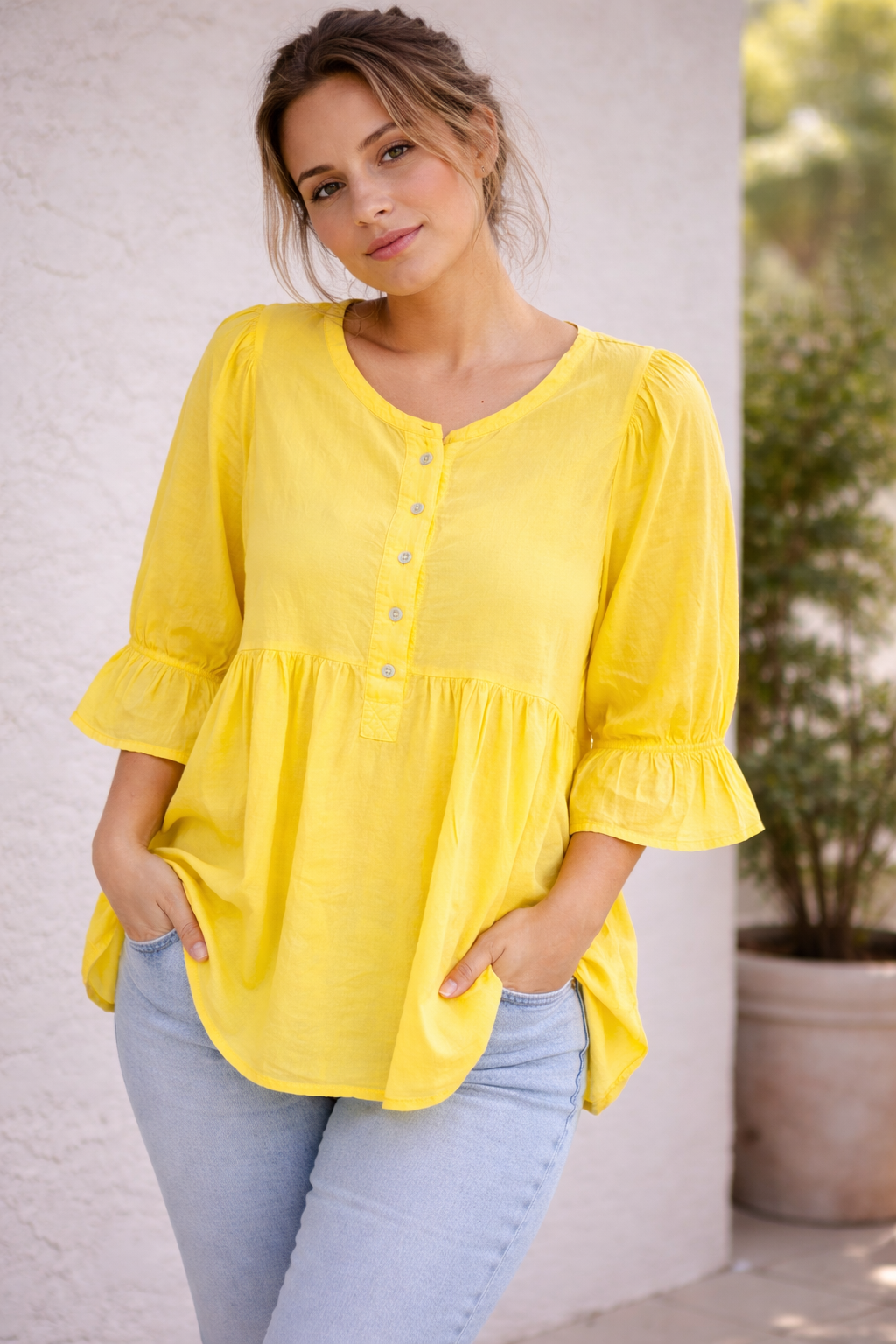 Blouse empire bohème jaune manches évasées volant femme 36-42 coton léger Made in Italy