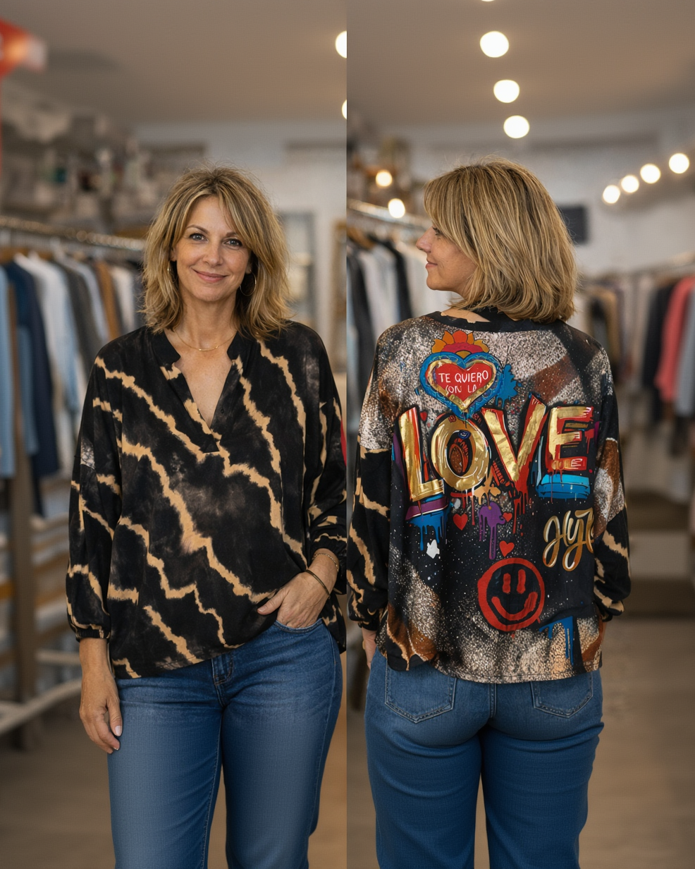 Blouse Love pop art bimatière devant camouflage dos coloré made in Italy 42-52