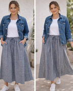 Jupe vichy bleu marine midi évasée longueur 84 cm femme bohème chic coton polyester Made in Italy