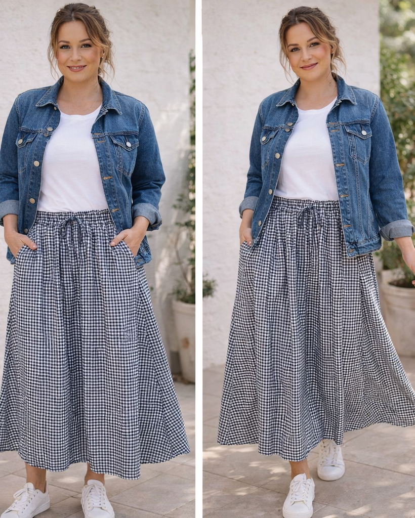 Jupe vichy bleu marine midi évasée longueur 84 cm femme bohème chic coton polyester Made in Italy