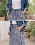 Jupe vichy bleu marine portée détail ceinture élastique nœud poches latérales coupe évasée romantique