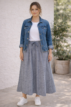 Jupe vichy bleu marine évasée midi femme 38-48 ceinture élastique nœud 2 poches Made in Italy